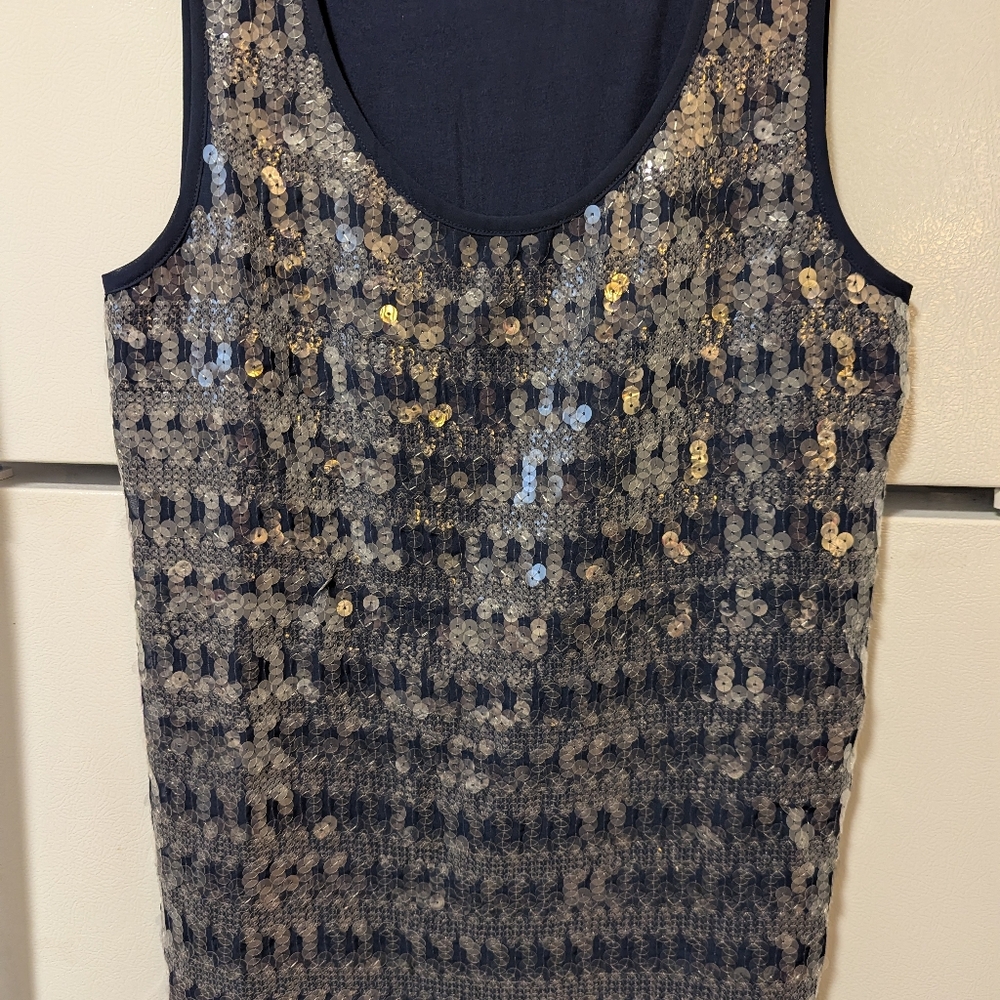 Glittery navy and silver Coldwater Creek sleeveless top.
